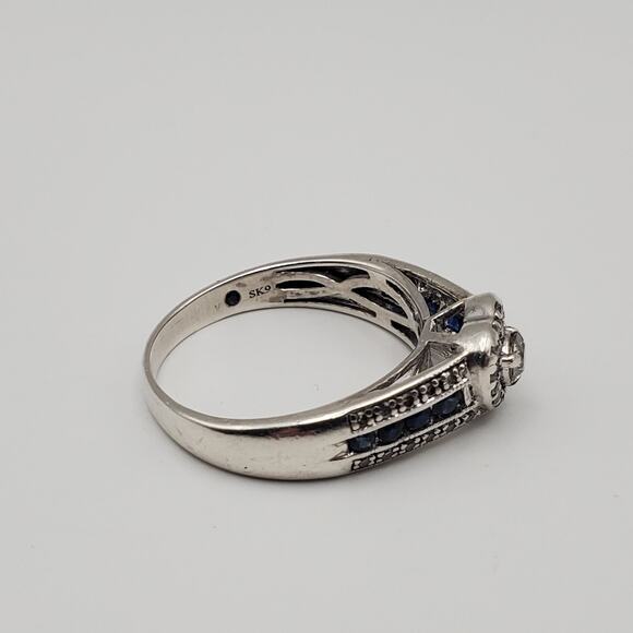 Platinum over Sterling Silver Diamond and Blue Sapphire Heart Ring Size 8 - Picture 9 of 11